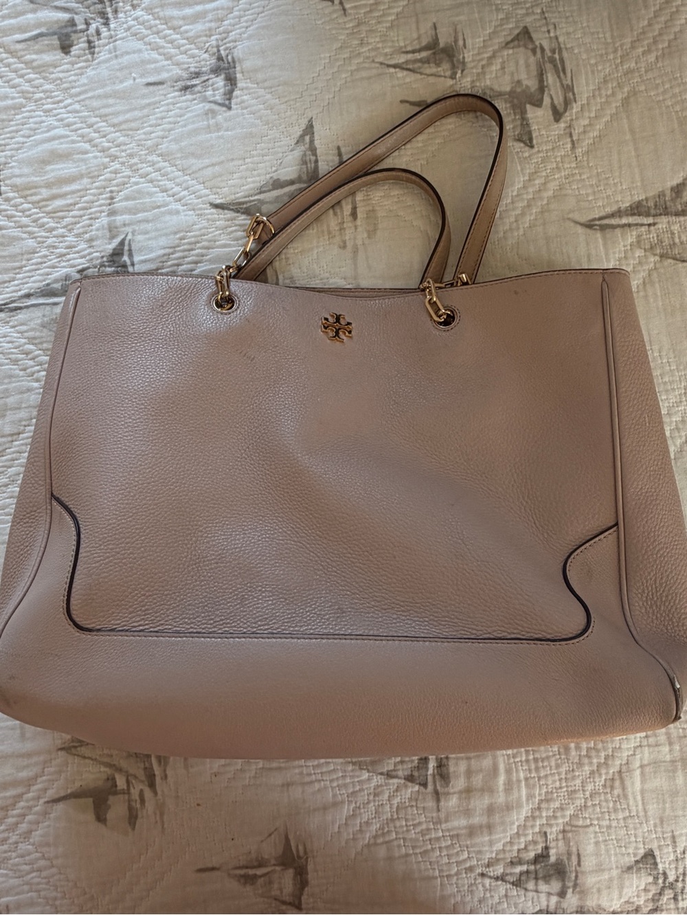 Tory Burch Blush Taupe Pebbled Leather Tote with Gold Logo